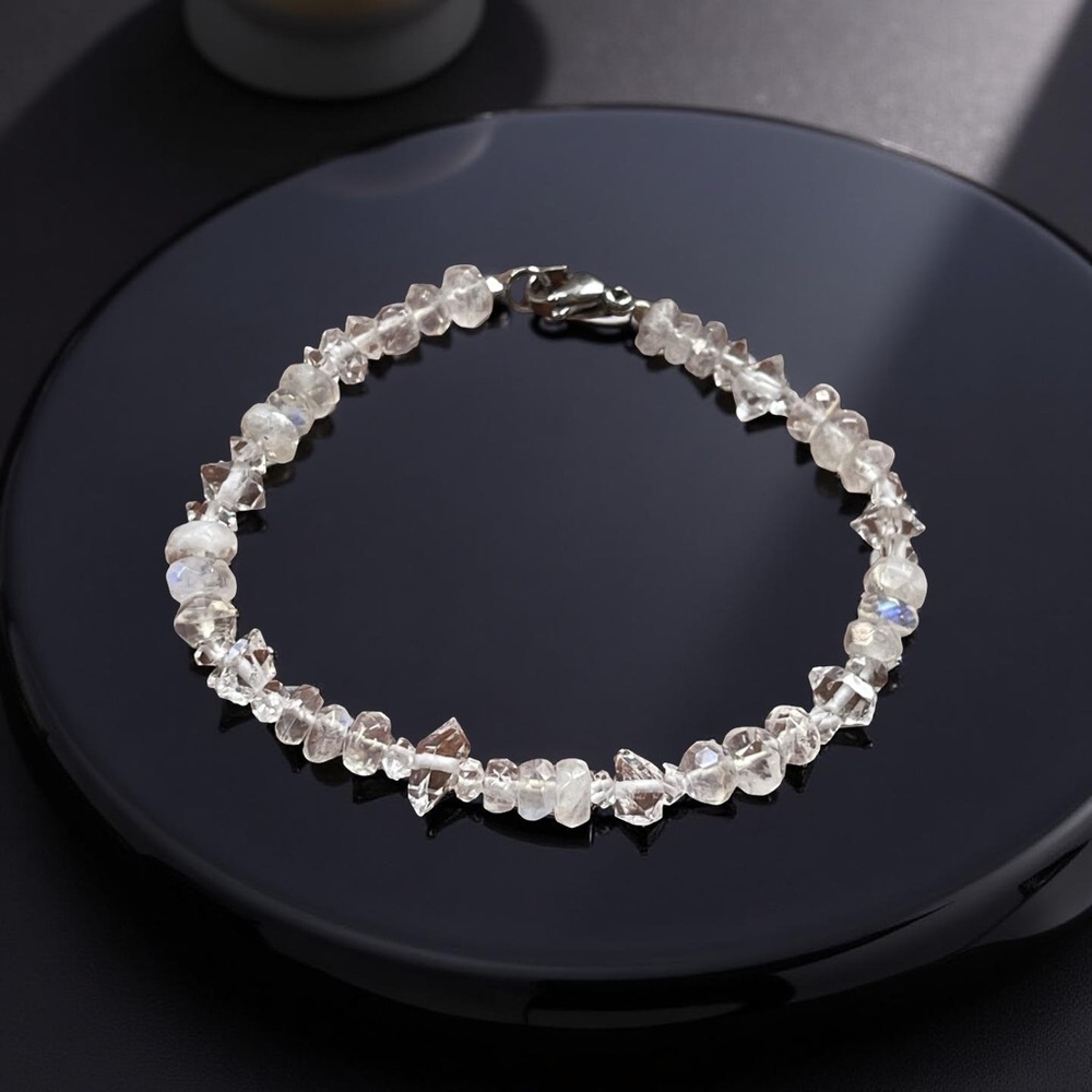 Gorgeous Rainbow Moonstone and Herkimer Diamond Bracelet! - Picture 3 of 3